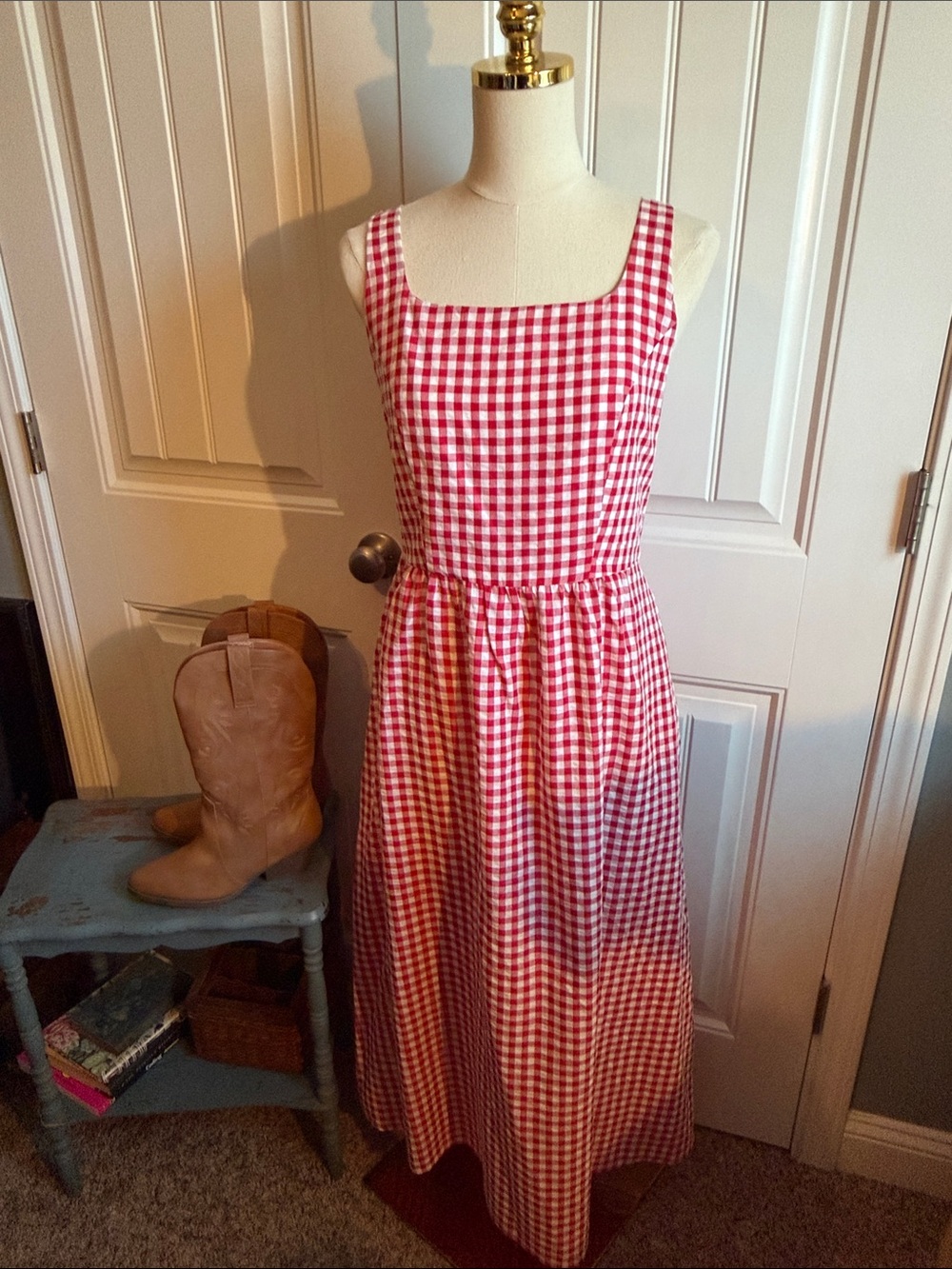 Red Gingham Square-Neck Casual Midi Dress